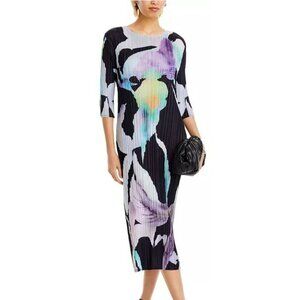 Nancy Yang Art-Inspired Midi Dress Abstract Floral Pleated Medium NWT